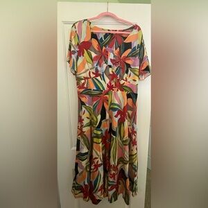 Soft Surroundings Bold Tropical Floral Midi Dress in Red, Pink, Green